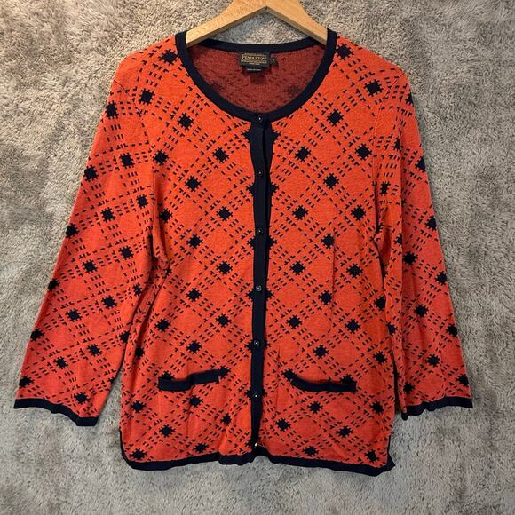 Pendleton Silk Cotton Button Down Cardigan L Large Coral Red Orange Navy Blue - Picture 1 of 12